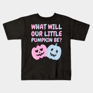 Cute Halloween Gender Reveal What Will Our Little Pumpkin Be Kids T-Shirt
